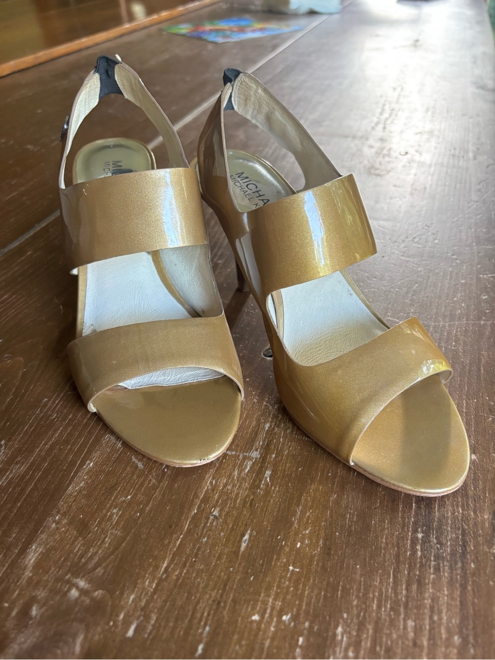 MICHAEL Michael Kors Metallic Gold Two-Strap Heel Women’s 8